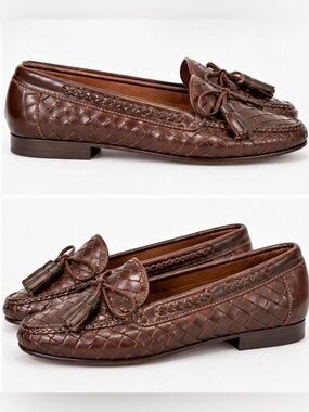 Vintage Sesto Meucci Brown Woven Leather Tassel Loafers Size 8 Made in Italy